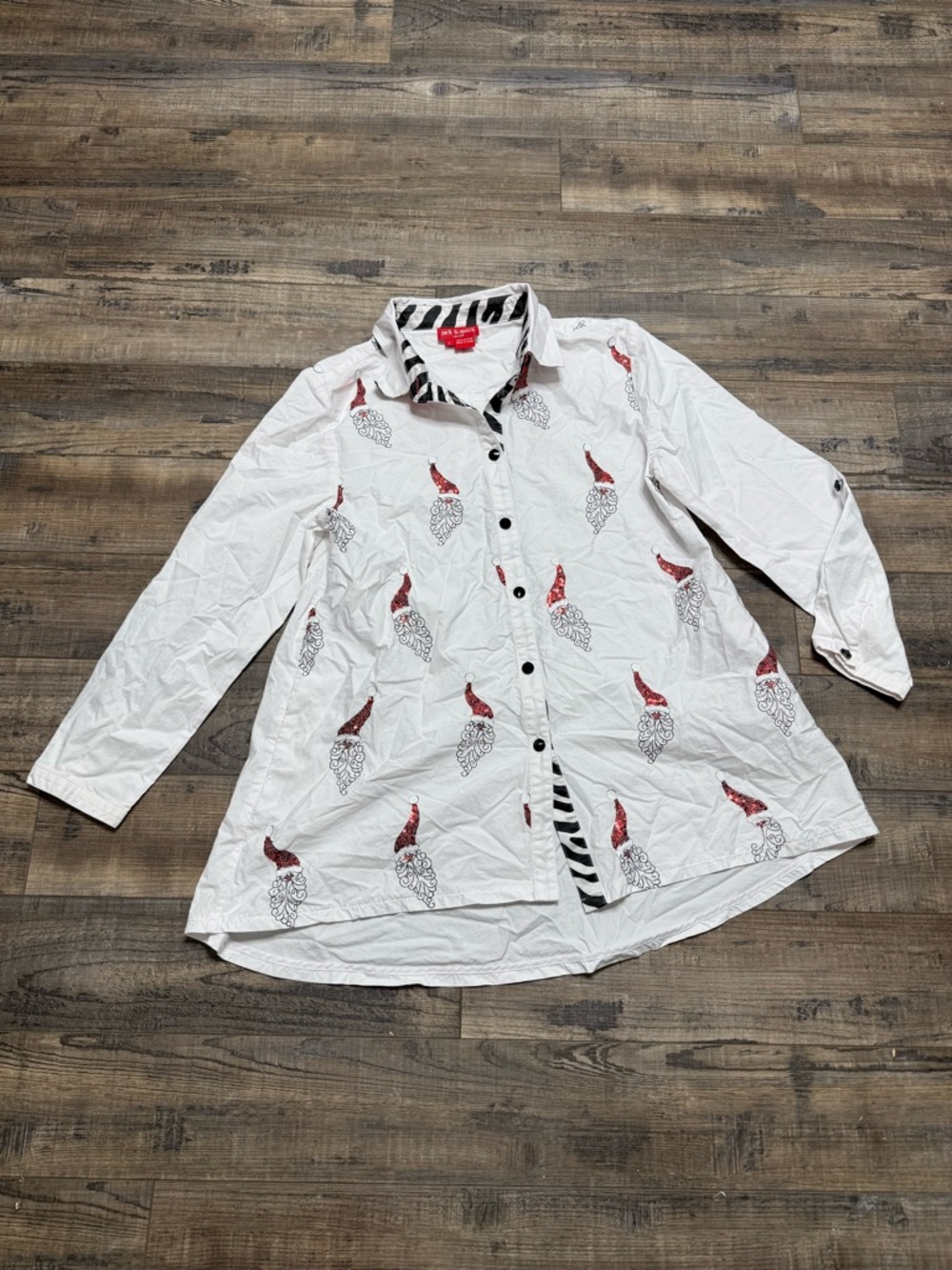 Jack B Quick Holiday White Button-Up Shirt with Red Santa Print Sequin Tunic